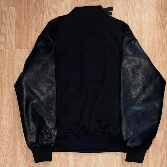 AMIRI All-Black Leather-Sleeve Bomber Jacket - Picture 3 of 4